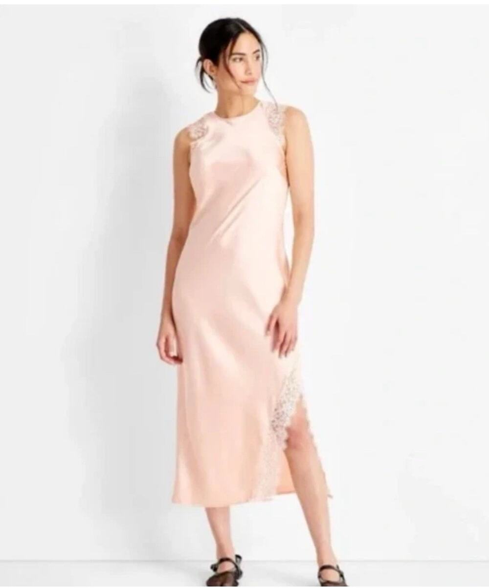 Future Collective Women's Sleeveless Lace Trim Ankle Dress  Peach  M